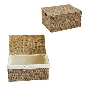 Panier de rangement en osier et jonc de mer écologique pour la décoration intérieure, avec couvercle, structure en fer, rectangulaire, multi-usage, durable, doublure en coton - Product Image 1