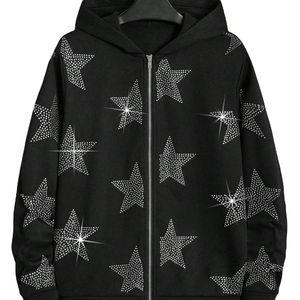 Unisex Black Hooded Fleece <b>Jacket</b> with <b>Rhinestone</b> Zipper Front Casual Autumn Wear Regular Fit 100% Cotton Anti-Wrinkle - Product Image 1