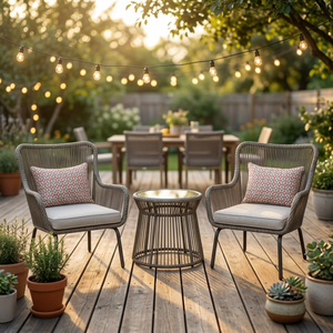 Ensemble de sièges de jardin en teck moderne avec coussins épais et moelleux, structure robuste pour hôtel, complexe hôtelier, café - Product Image 1