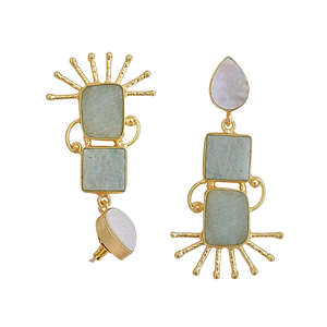 Boucles d'oreilles pendantes Laxmi Jewelers pour femmes, en amazonite et perle d'eau douce, laiton plaqué or 24 carats, design tendance, cadeau religieux hindou - Product Image 4