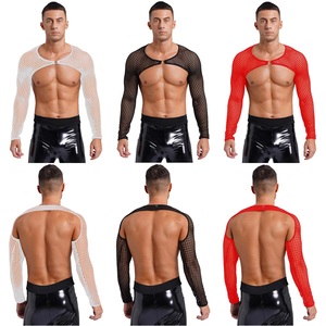 Custom Men's <b>Fishnet</b> Mesh Crop Top Long Sleeve Hollow Out See Through Muscle Shrug Cover up 100% Polyester Casual - Product Image 5