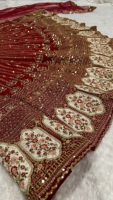 Lehenga Choli en Soie Rouge Traditionnel de Rangoon, Broderie Lourde et Paillettes, pour Mariage, Bal de Promo, Tenue de Soirée, Designer Indien, Longueur Ras du Sol