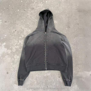 Ensemble de survêtement personnalisé de haute qualité : sweat à capuche zippé avec strass et pantalon évasé, effet délavé à l'acide - Product Image 4