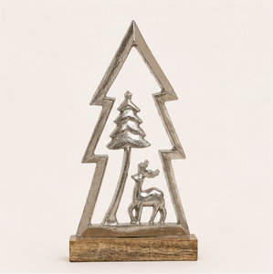 Elegant Silver Aluminum Mini Christmas <b>Tree</b> Statue Featuring Woodland Reindeer Scene On Sturdy Wood Base For Festive Mantel - Product Image 3