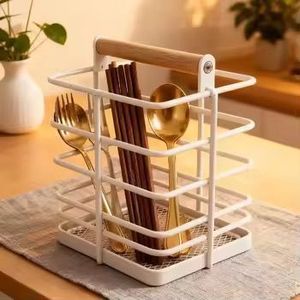 Wooden Cutlery Holder with Metal Stand Kitchen Organizer Box Spoon Fork Storage <b>Rack</b> Countertop Utensil Holder Set - Product Image 3