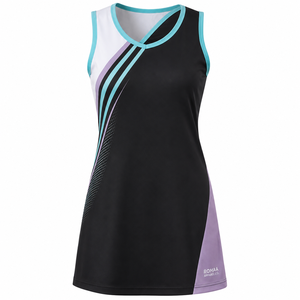 Vestido de Netball Personalizado en Negro, Blanco, Aqua y Lila para Mujer, Sin Mangas, Cuello en V Asimétrico, Secado Rápido, Uniforme Deportivo para Equipo - Product Image 1