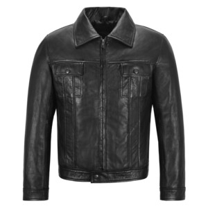 Custom 100% Genuine Black Napa Leather Elvis Presley Leather <b>Jacket</b> Mens Retro Rockstar Soft Leather <b>Trucker</b> <b>Jacket</b> ODM/OEM - Product Image 1
