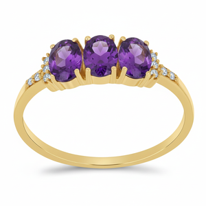 แหวนสามเม็ดทรงวงรีคลาสสิกประดับไพลินและเพชรแล็บโกรว์ ทองคำแท้ 14k สีเหลืองทอง ดีไซน์หรูหรา ของขวัญสำหรับผู้หญิง แหวนคุณภาพสูง - Product Image 1