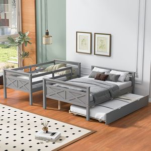 Letto a castello grigio con letto singolo sopra e letto matrimoniale, con scaletta e letto estraibile singolo, per bambini, con sponda di sicurezza - Product Image 2