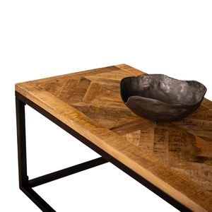 Mesa de Centro Europea de Madera de Mango Sólida con Incrustaciones Geométricas, Tapa Cuadrada con Acabado Negro y Marco de Metal, Acabado de Madera Natural y Rústica - Product Image 5