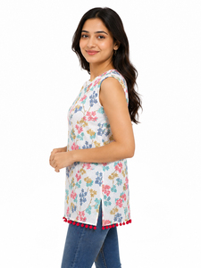 Leranath Fashion Floral Digital Print Cotton Recycled Materials Sleeveless Indian <b>Top</b> Women Casual Pullover Blouse Pom Pom Hem - Product Image 5