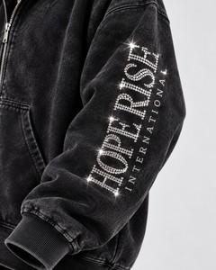 Sweat-shirt à capuche zippé coupe droite délavé à l'acide avec lettres en strass, style Hip Hop unisexe, streetwear, 100% coton, écologique, été - Product Image 3