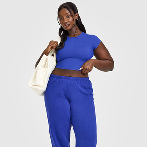 Conjunto Deportivo Casual de Verano para Mujer, Top Corto de Punto Azul con Pantalones a Juego, Transpirable, de Color Sólido - Product Image 5