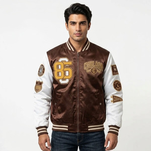 Chaqueta bomber de satén de seda brillante personalizada a precio económico para hombre, diseño de béisbol con cierre frontal a presión, dobladillo y puños acanalados. - Product Image 5