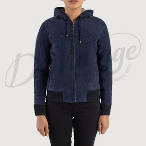 Women Navy Blue Genuine Suede <b>Leather</b> Hooded Bomber <b>Jacket</b> Slim Fit Premium Goat Suede Casual Winter Outerwear Fashion Coat - Product Image 3