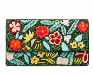 Women Bohemian Beaded Clutch Embroidered Floral Pattern Party Wedding Handbag Flap Closure Green Multicolor - Product Image 2