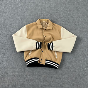 Nouvelle veste varsity pour homme, couleur beige, manches crème, logo brodé, col rabattu, coupe classique, style preppy d'automne - Product Image 6