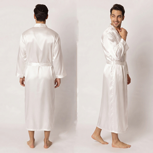 Bata de satén de seda blanca para hombre, manga larga, informal, con cuello en V, suave, con cinturón de seda, para dormir - Product Image 1