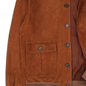 Men's Brown <b>Suede</b> <b>Bomber</b> <b>Jacket</b> Stand Collar Button Closure Casual Autumn Wear Regular Fit Solid Color Sample Available - Product Image 3