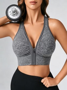 Soutien-gorge de sport fonctionnel pour femme, dos nageur, maintien moyen, extensible à l'avant, côtelé, col en V, anti-humidité - Product Image 3