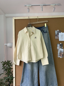 L1151059 Women's Embroidered <b>Pumpkin</b> Khaki Crop Shirt Long Sleeve Turn-Down Collar Loose Fit Casual <b>Top</b> - Product Image 2