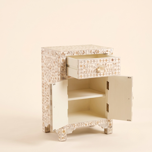 Modern Mother Pearl Floral Design <b>White</b> <b>Bedside</b> <b>Table</b> Cabinet Living Room Furniture India Quality Handicrafts - Product Image 4
