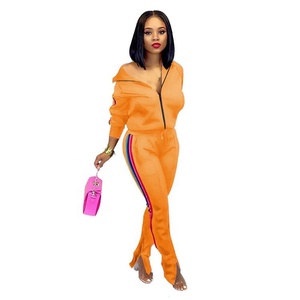 Conjunto Deportivo Naranja para Mujer, Manga Larga, Cuello Redondo, Cordón Ajustable, Bolsillos Laterales con Rayas, Corte Regular, Ropa Deportiva Informal de Otoño - Product Image 1