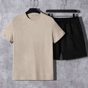 Ensemble chemise décontractée d'été en tricot de couleur unie beige pour homme avec short noir personnalisable - Product Image 3