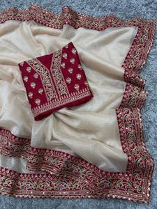Sari en twill doux avec bordure en dentelle brodée de motifs de designer et de dori, et pièce de blouse en soie de Bangalore avec travail de broderie. - Product Image 4