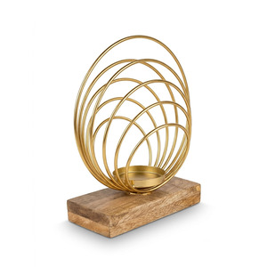 Chic Gold Metal Concentric Wire Ring <b>Tealight</b> <b>Candle</b> <b>Holder</b> Mounted On A Solid Natural Grain Wood Block Pedestal Accent Base - Product Image 3