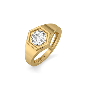 Bague signet hexagonale en or jaune avec alliance de fiançailles unisexe sertie d'un diamant taille brillant rond - Product Image 2