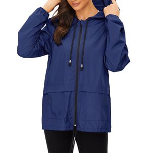Women's Navy Blue Hooded Waterproof <b>Rain</b> <b>Jacket</b> With Zipper And Pockets <b>Long</b> Length Regular Fit For Outdoor Wear - Product Image 4