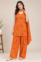 Ensemble Salwar Kameez en Rayonne Imprimé Numérique Orange pour Femme, Coupe Ample Traditionnelle, Longueur Cheville, Tenue Décontractée Style Inde Pakistan