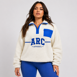 Pull en molleton blanc pour femme avec fermeture éclair quart de tour, poche contrastante bleue et logo brodé – Haut décontracté d'hiver pour femme – Sweats à capuche pour femme - Product Image 5