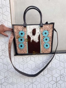 Bolso Tote de Piel de Vacuno con Patrón Occidental, Elegante Bolso de Cuero con Pelo, Tallado a Mano, para Mujer, Multiusos - Product Image 5