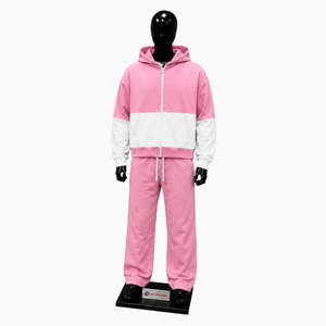 Pink <b>White</b> Color Block Tracksuit <b>Men</b> Full Zip Hoodie With Matching <b>Jogger</b> Pants Premium Two Piece Sports Outfit Modern Casual St - Product Image 1