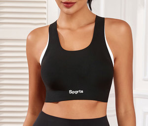 Soutien-gorge de sport noir pour femme, dos nageur, col ras du cou, maintien moyen, respirant, design sans coutures avec logo sur le bas du bas du vêtement - Product Image 1