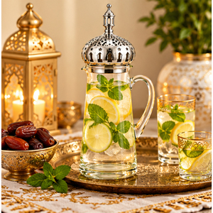 Jarra de Agua de Vidrio Decorativa para Ramadán con Tapa de Cúpula de Mezquita Plateada, Estilo Medio Oriente, Jarra para Servir Iftar, Decoración Islámica para el Hogar - Product Image 3