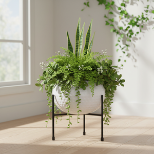 Modern Metal Flower Pot With Black Metal Stand Indoor <b>Plant</b> Planter Glazed White Round Design Minimalist Style Home Decor - Product Image 1