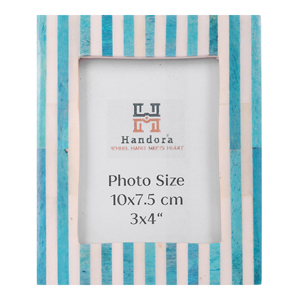 Bone Foldable 3x4 Inch Blue Striped Rectangular Tabletop Photo Frame Handmade Modern Vintage Home Decor - Product Image 5