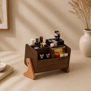Wood Makeup Organizer With 4 Compartments For Cosmetic Storage Elegant Desktop Holder For Brushes <b>Lipstick</b> And Skincare Bottles - Product Image 5