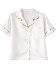 Conjunto de pijama de satén blanco y dorado personalizado para mujer, conjunto de dos piezas con botones y manga corta, ropa de dormir, conjunto de pantalones cortos para estar en casa. - Product Image 2