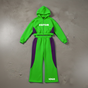 High Quality Casual Wear 100% Cotton Crop Top <b>Zip</b> <b>up</b> Hoodie & Baggy Sweatpants 2 Piece Heavyweight Color Block Women Tracksuit - Product Image 6