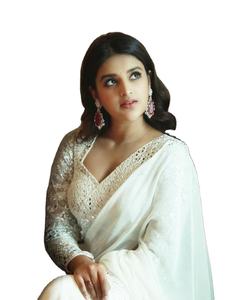 Dernière collection de saris en georgette brodés de miroirs blancs de couleur blanche de conception 2022 pour femmes, pour les mariages et les fêtes - Product Image 1