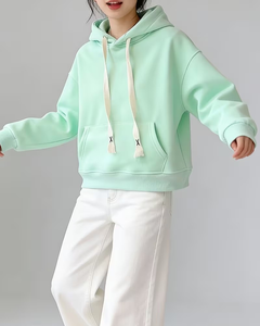 Women's Light Blue Eco-Friendly Fleece Hooded Sweatshirt Solid Color Polyester/Cotton Blend Knitted Casual Pullover Front Pocket - Product Image 2
