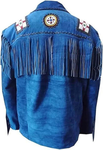 <b>Mens</b> Blue <b>Suede</b> Western Fringe <b>Jacket</b> Western Beaded Cowboy Leather Coat Vintage Rodeo Style - Product Image 2