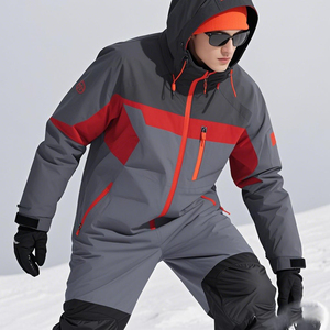 Combinaison de ski et de snowboard imperméable pour homme, couleur gris et rouge, à blocs de couleur, avec capuche, fermeture éclair, isolation synthétique, technologie Gore-Tex - Product Image 3