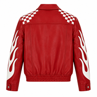 Blouson Bomber en Cuir Rouge pour Homme, Style Moto Biker, Patchwork Flamme, Écologique, Hiver, Col Montant, Fermeture Boutonnée, Coupe-Vent