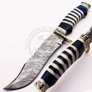 Couteau Bowie en acier Damas forgé à la main, couteau à lame fixe de collection, couteau de chasse et de camping en plein air, manche en bois et en os - Product Image 3