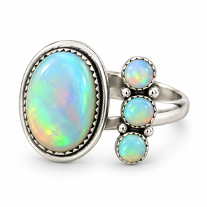 White <b>Opal</b> Cluster <b>Ring</b> Oval Cabochon Three Round <b>Opal</b> Gemstones Statement Boho Western Handmade Jewelry Design - Product Image 2